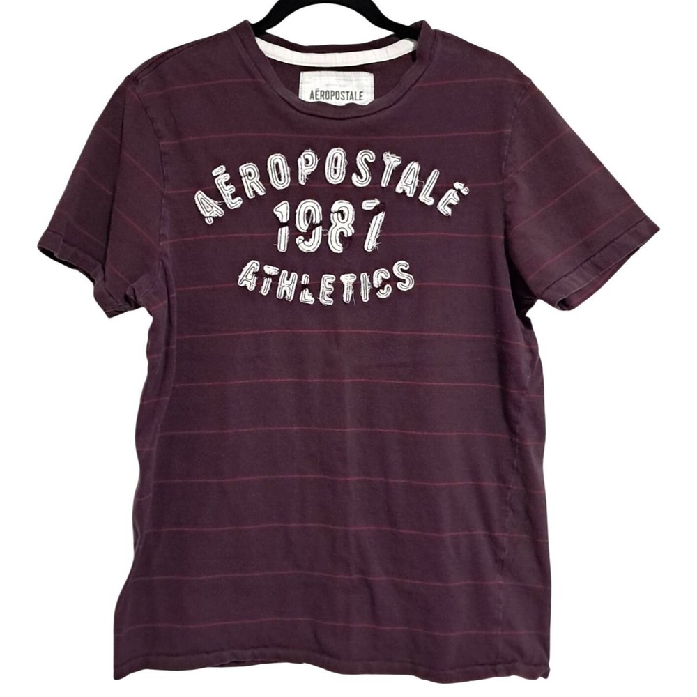 Aeropostale Maroon Graphic T-Shirt Mens L Striped Short Sleeves Varsity Letters
